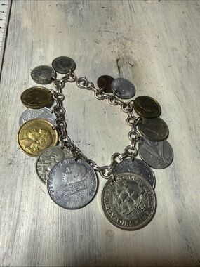Vintage Sterling Silver Coin Charm Bracelet in Mixed Metal Tones